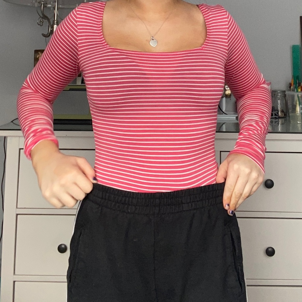 Pink striped body suit!!